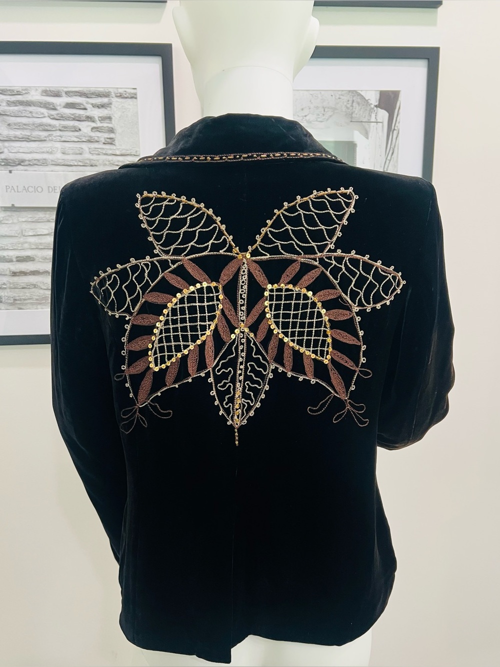 Black Silk-Blend Velvet Blazer Jacket with Beaded Butterfly Back